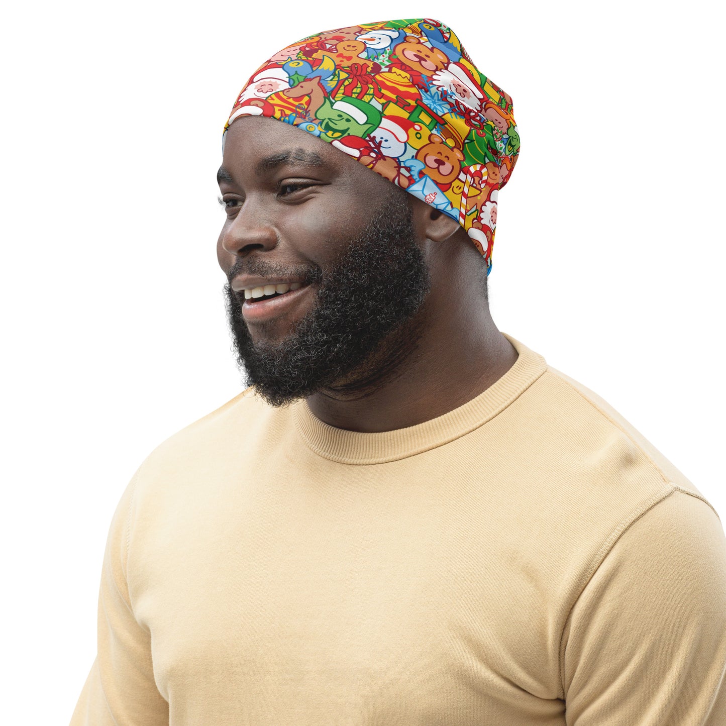 All Christmas stars in a pattern design All-Over Print Beanie. Lifestyle