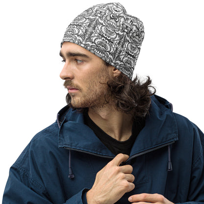 Official pic of the monsters annual convention All-Over Print Beanie. Side view