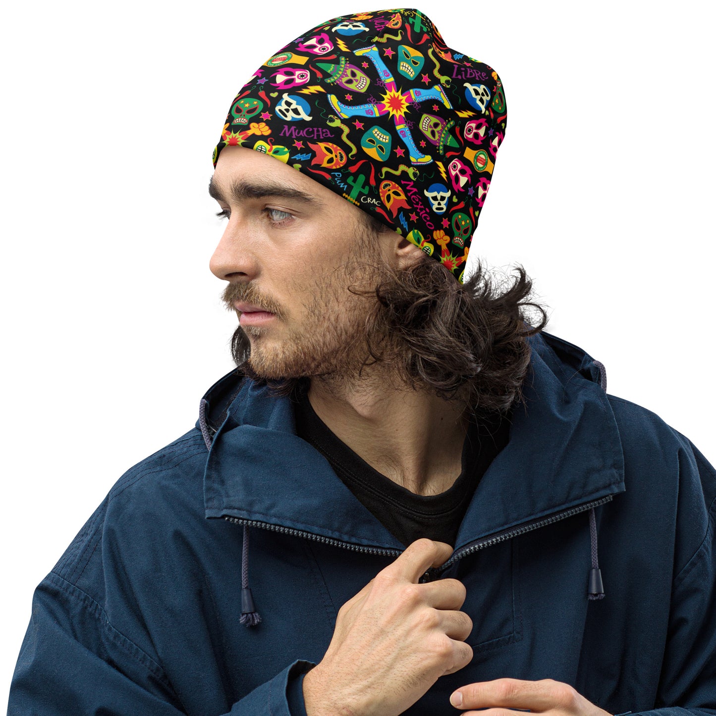 Mexican wrestling colorful party All-Over Print Beanie. Side view
