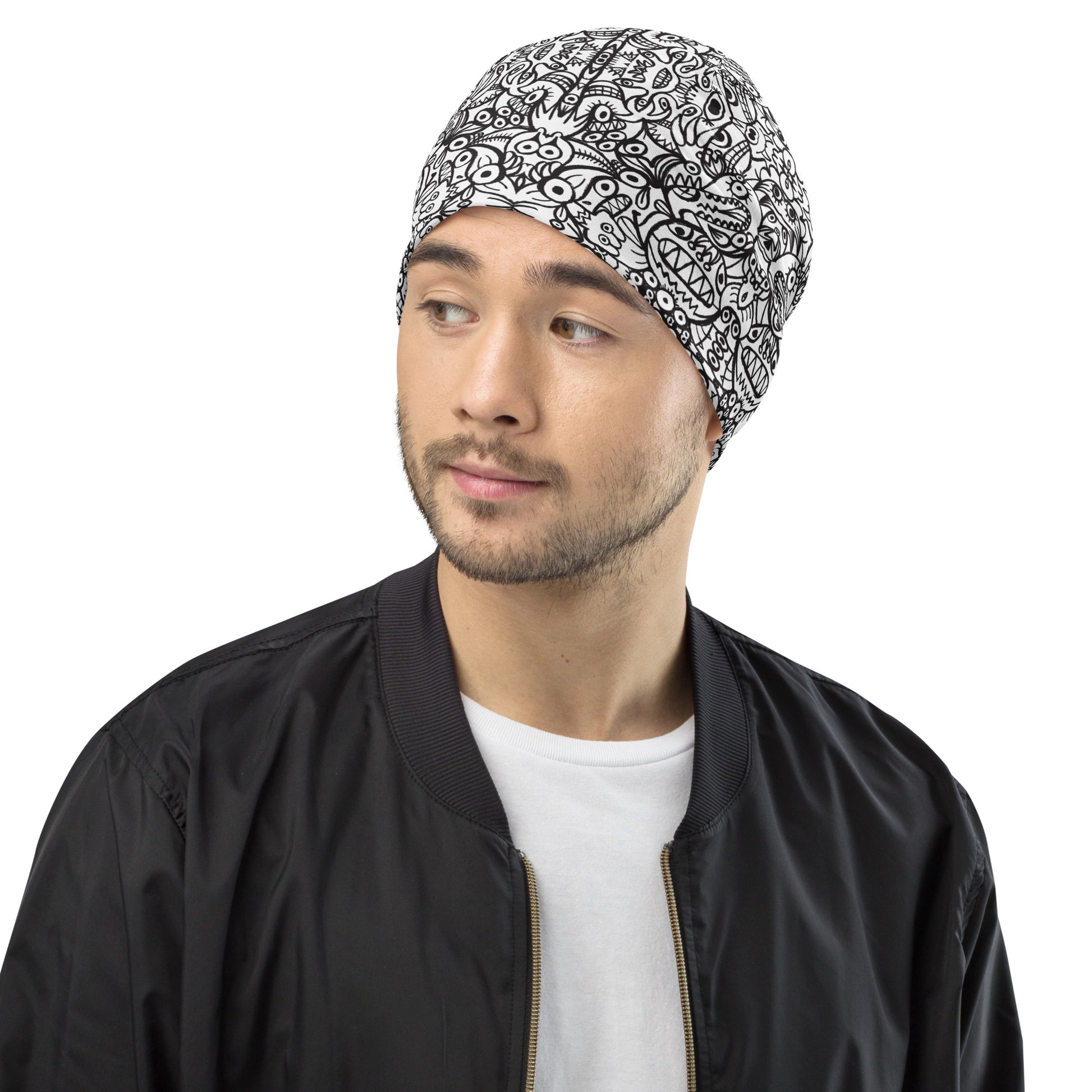 Brush style doodle critters All-Over Print Beanie. Lifestyle
