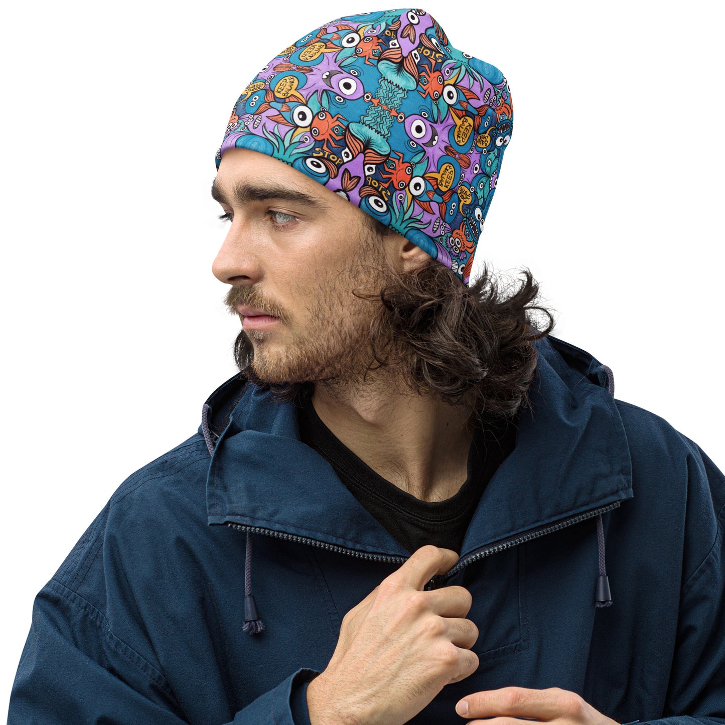 Wake up, time to take care of our sea All-Over Print Beanie. Side view