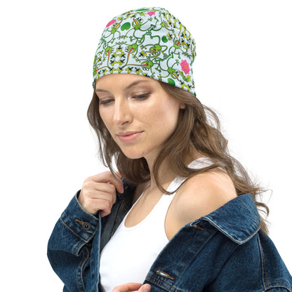 Funny frogs hunting flies All-Over Print Beanie. Side view