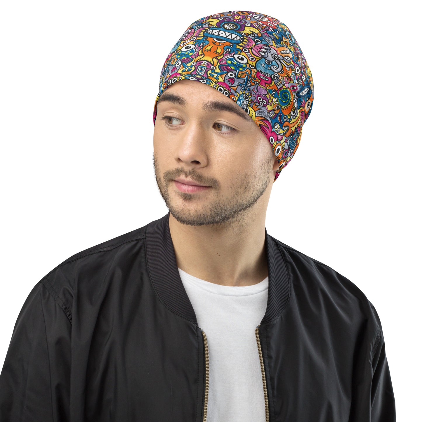 Monsters vs robots ultimate battle All-Over Print Beanie. Side view