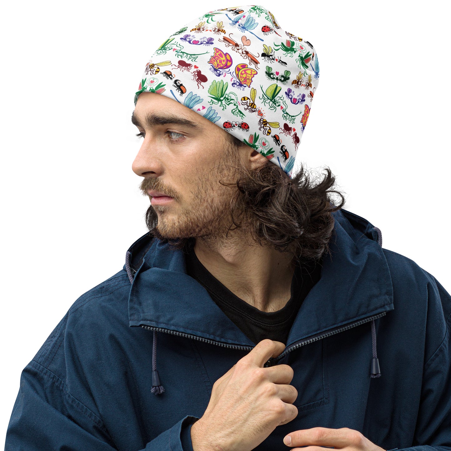 Cool insects madly in love All-Over Print Beanie. Side view