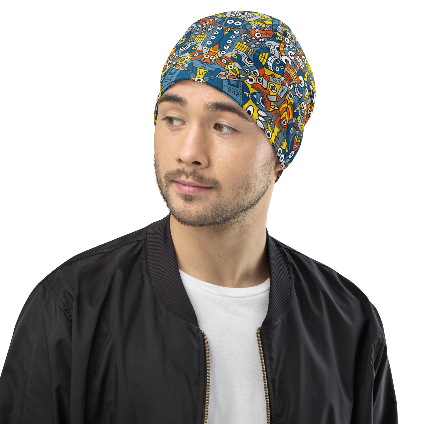 Retro robots doodle art All-Over Print Beanie. Side view