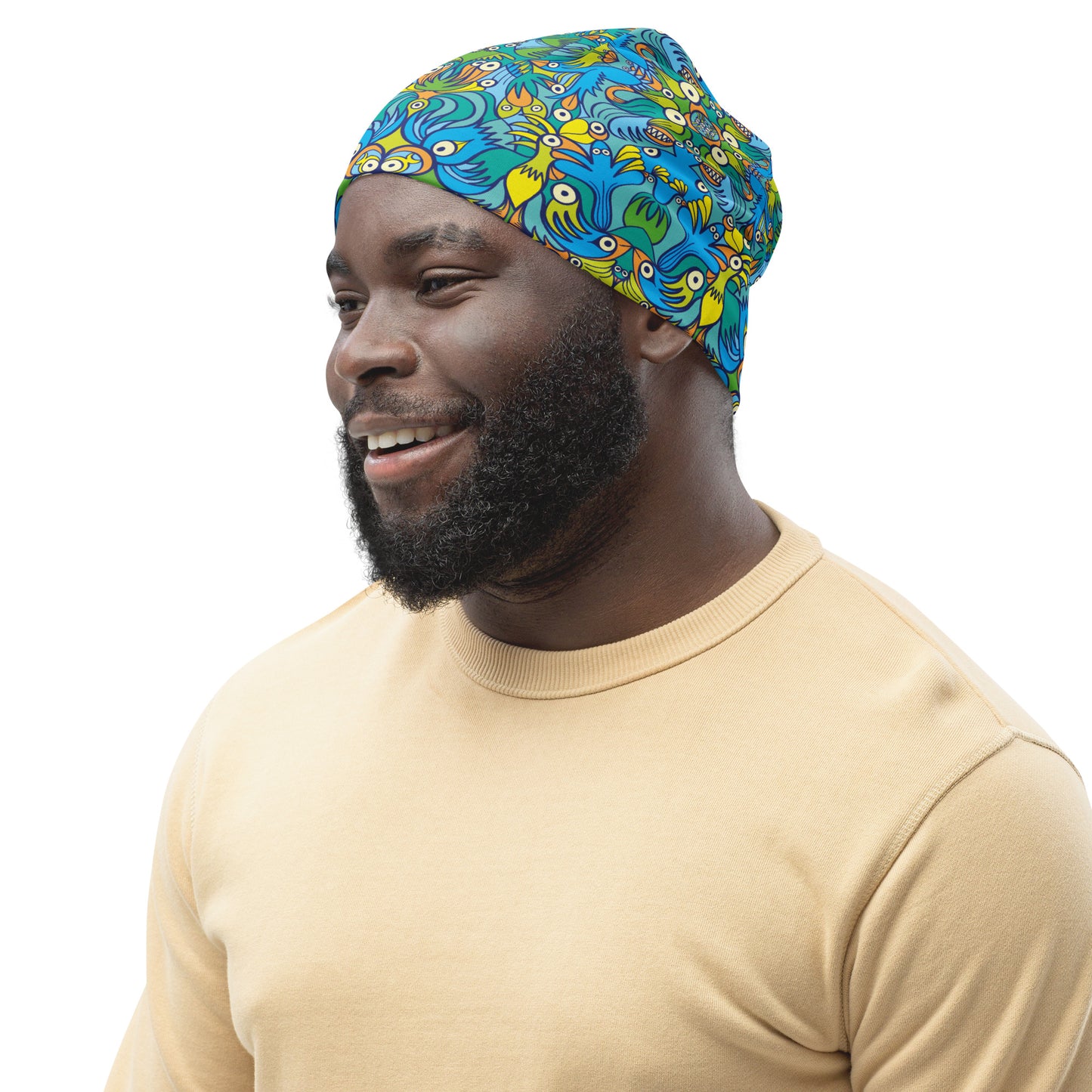 Exotic birds tropical pattern All-Over Print Beanie. Side view