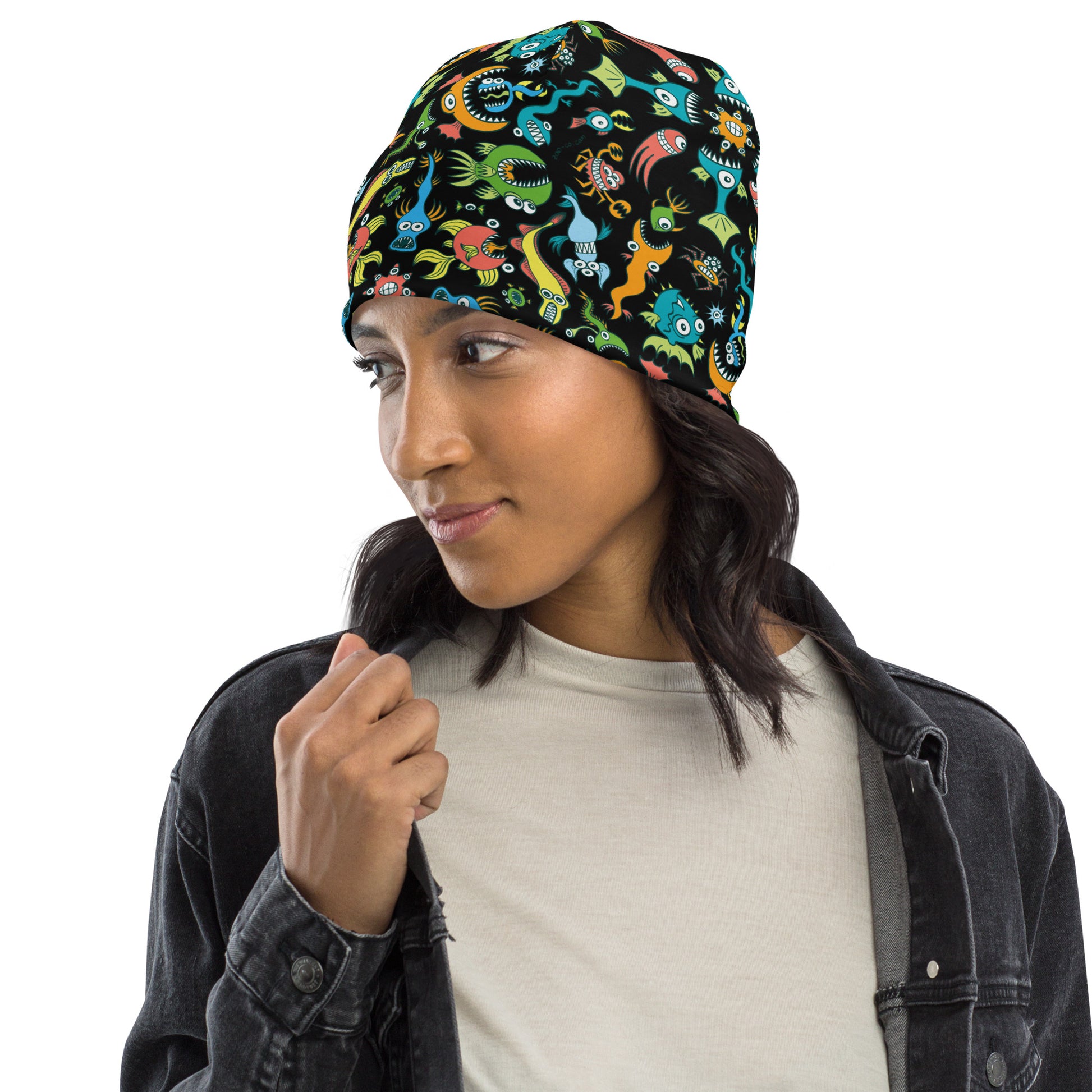 Sea creatures pattern design All-Over Print Beanie. Lifestyle
