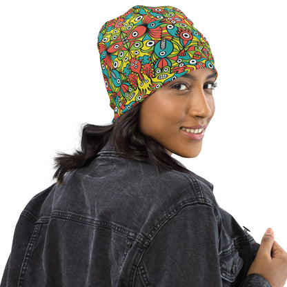 Alien monsters pattern design All-Over Print Beanie. Lifestyle