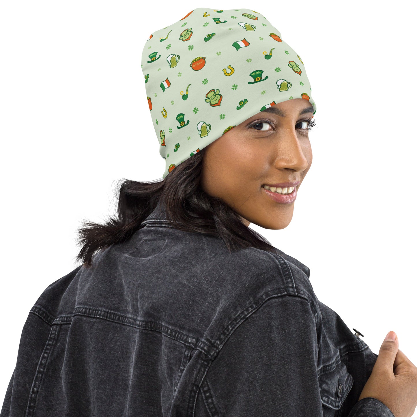 Celebrate Saint Patrick's Day in style All-Over Print Beanie. Side view