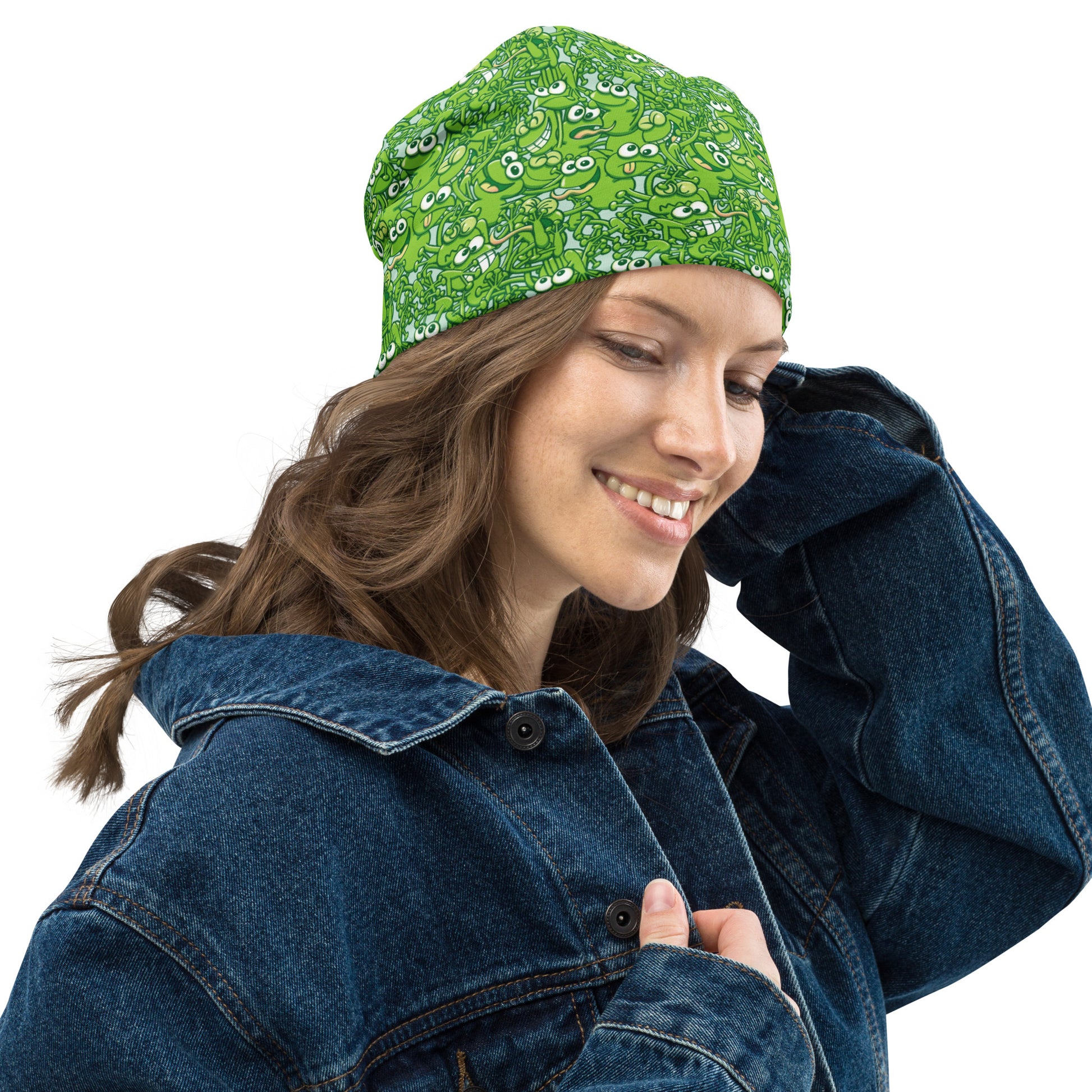 A tangled army of happy green frogs appears when the rain stops All-Over Print Beanie. Lifestyle