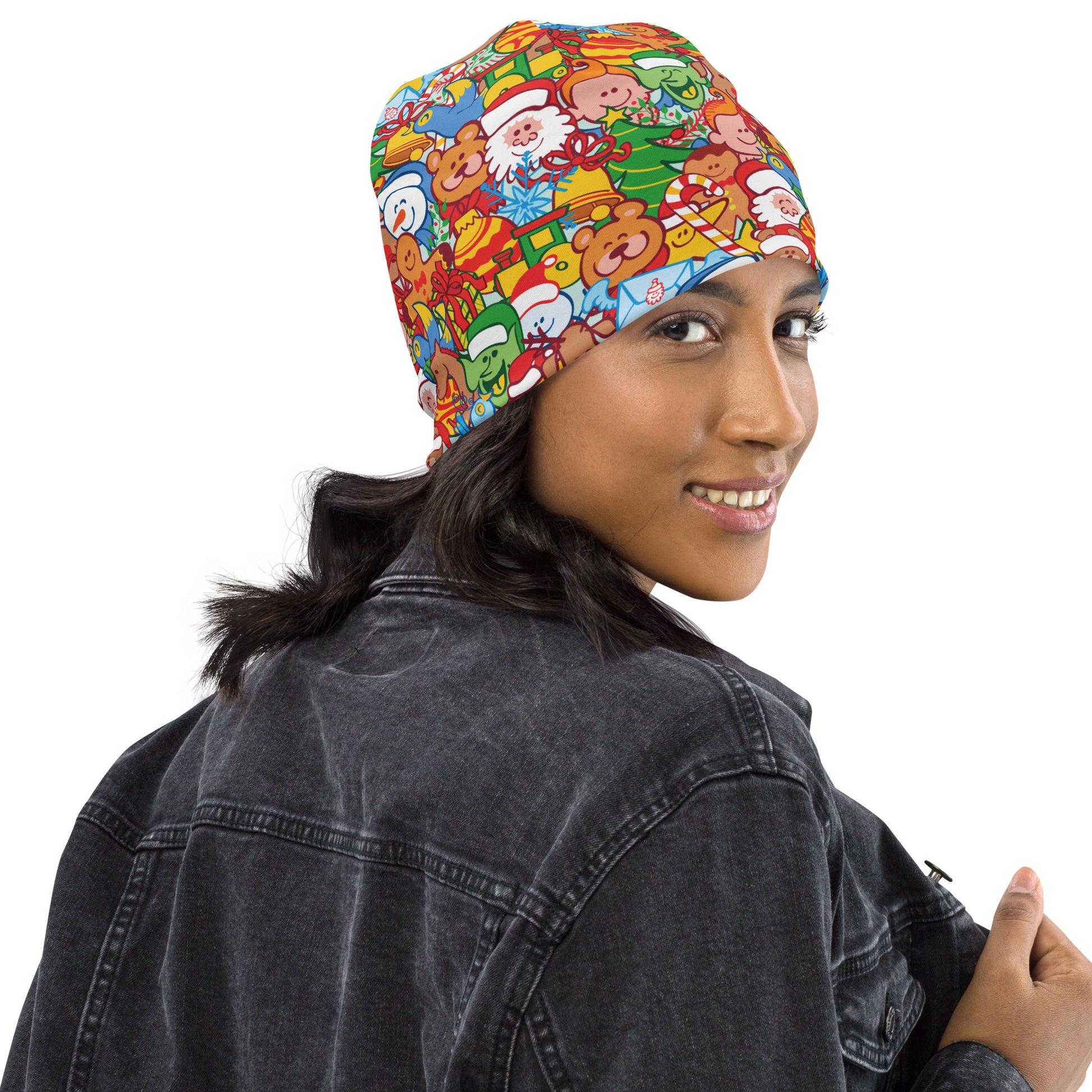 All Christmas stars in a pattern design All-Over Print Beanie. Side view