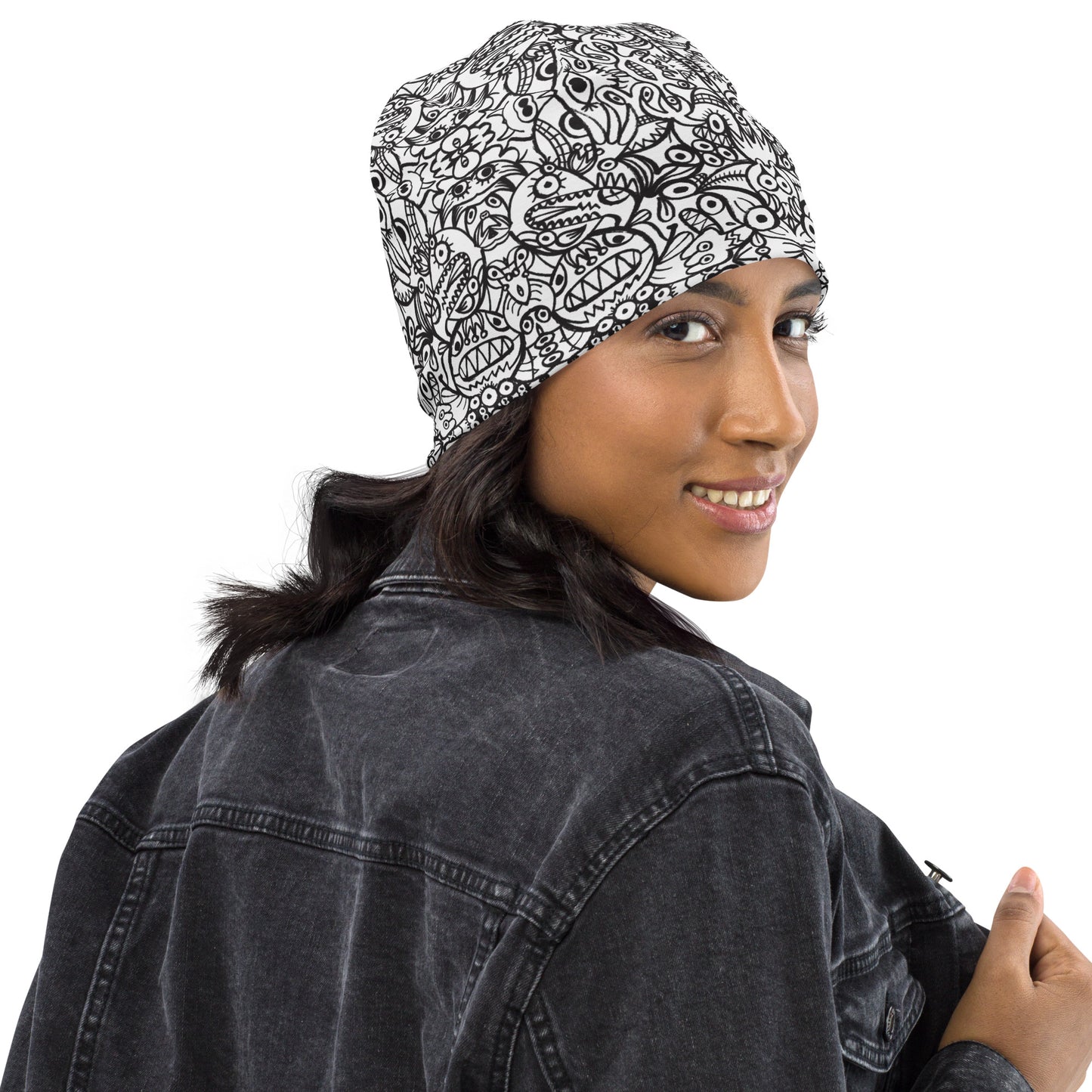 Brush style doodle critters All-Over Print Beanie. Side view