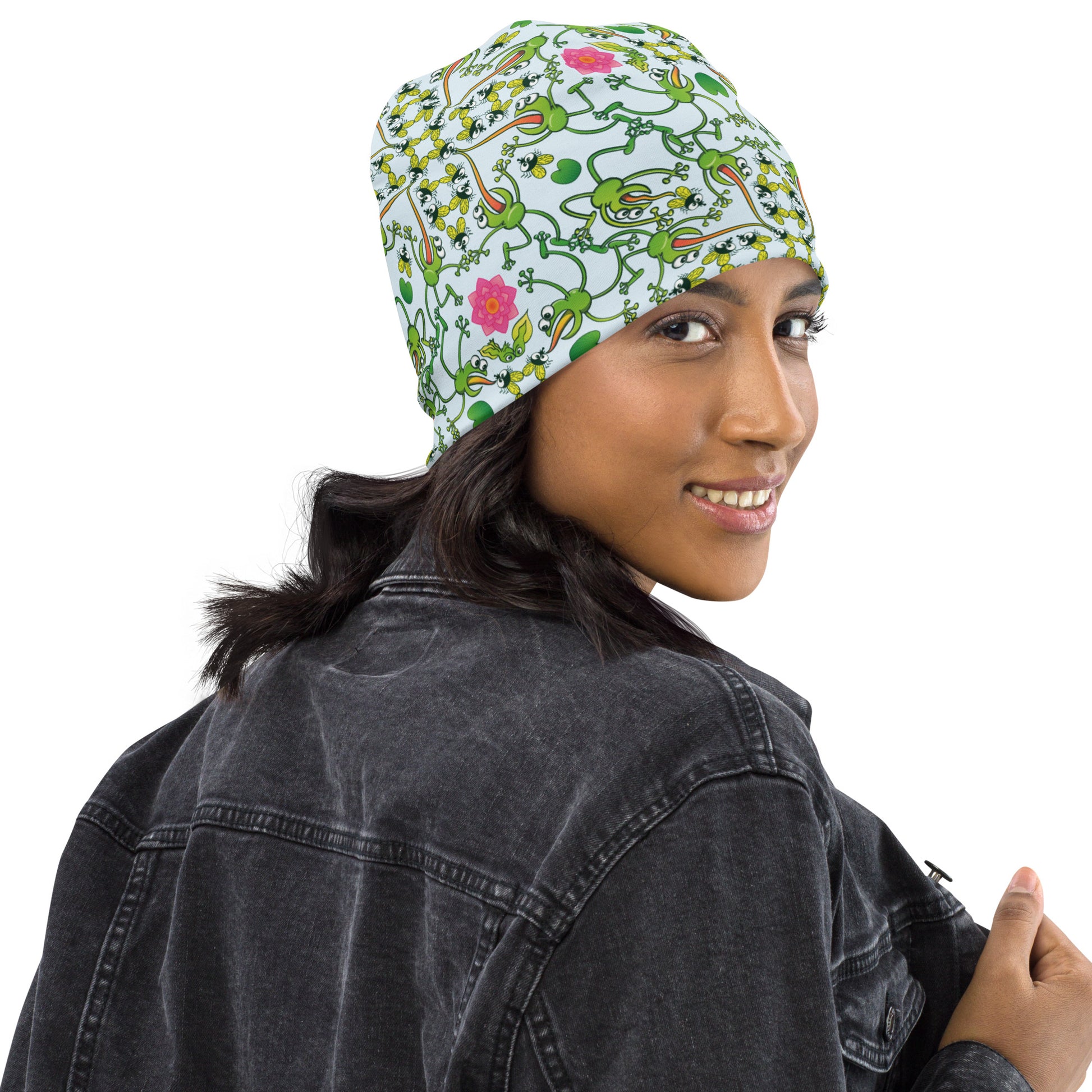 Funny frogs hunting flies All-Over Print Beanie. Lifestyle
