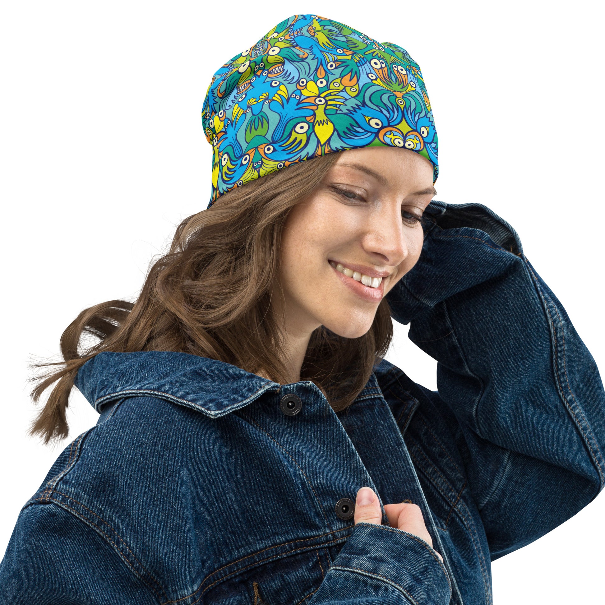 Exotic birds tropical pattern All-Over Print Beanie. Lifestyle