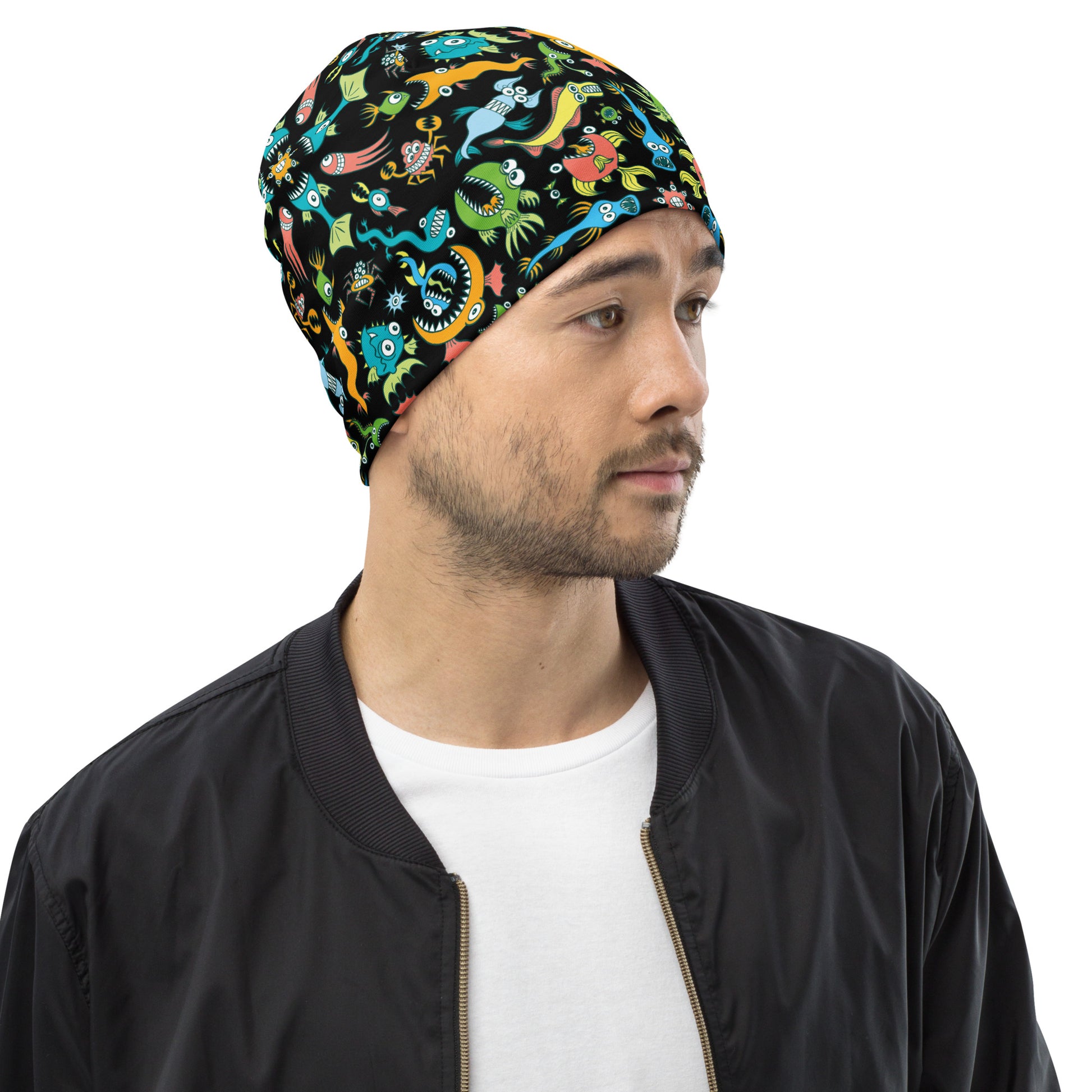 Sea creatures pattern design All-Over Print Beanie. Side view