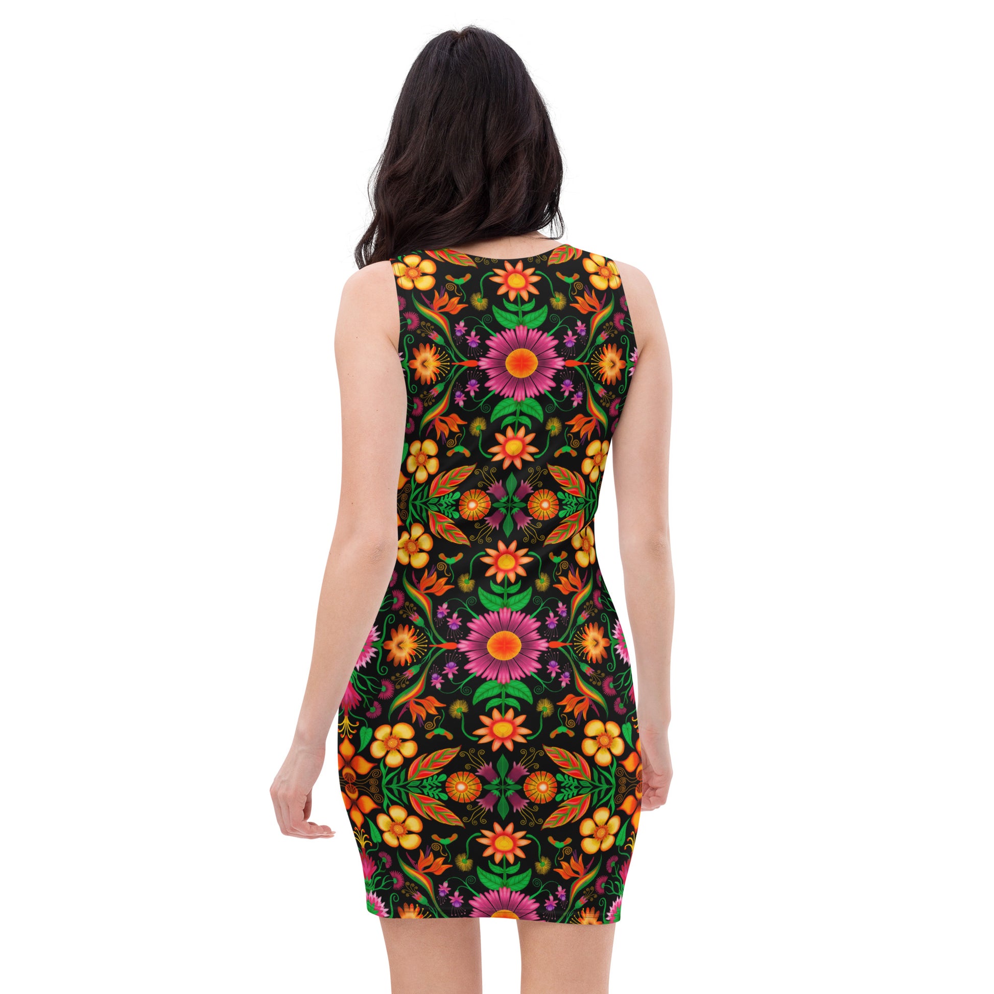 Wild flowers in a luxuriant jungle Sublimation Cut & Sew Dress. Back view