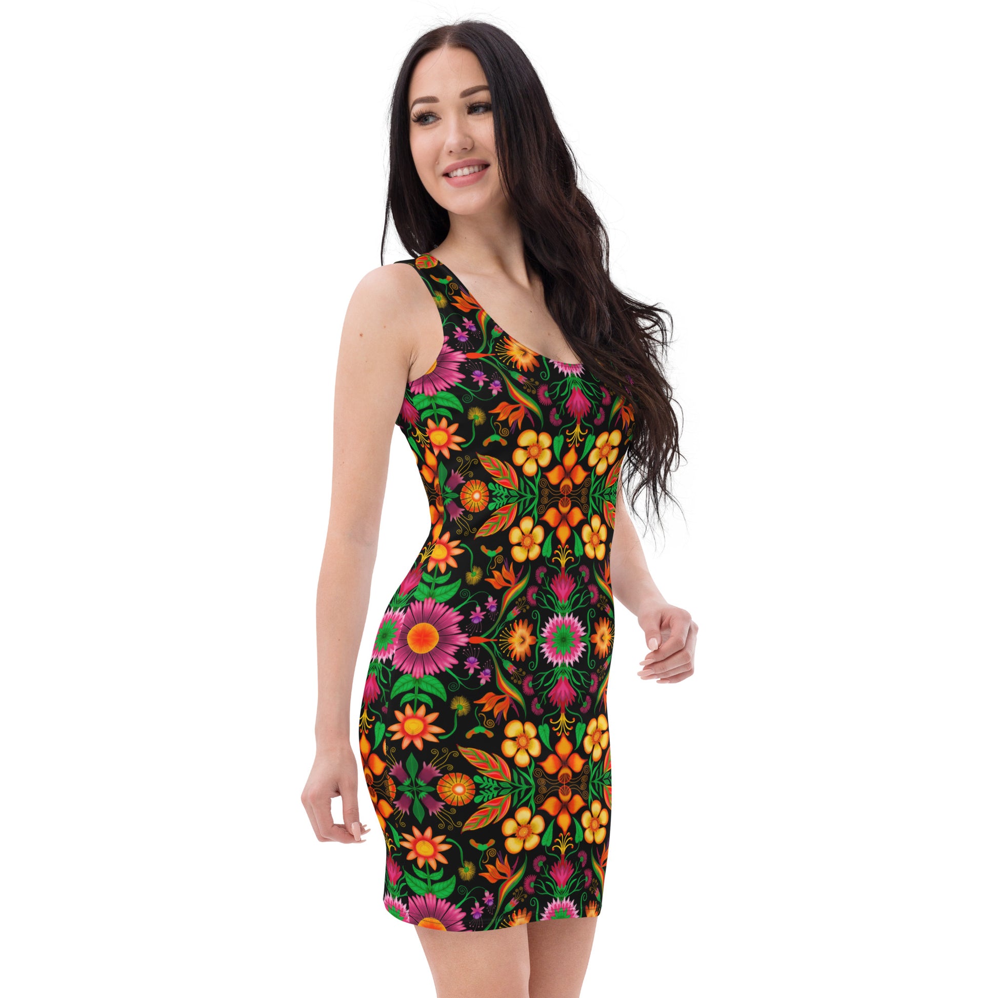 Wild flowers in a luxuriant jungle Sublimation Cut & Sew Dress. Side view