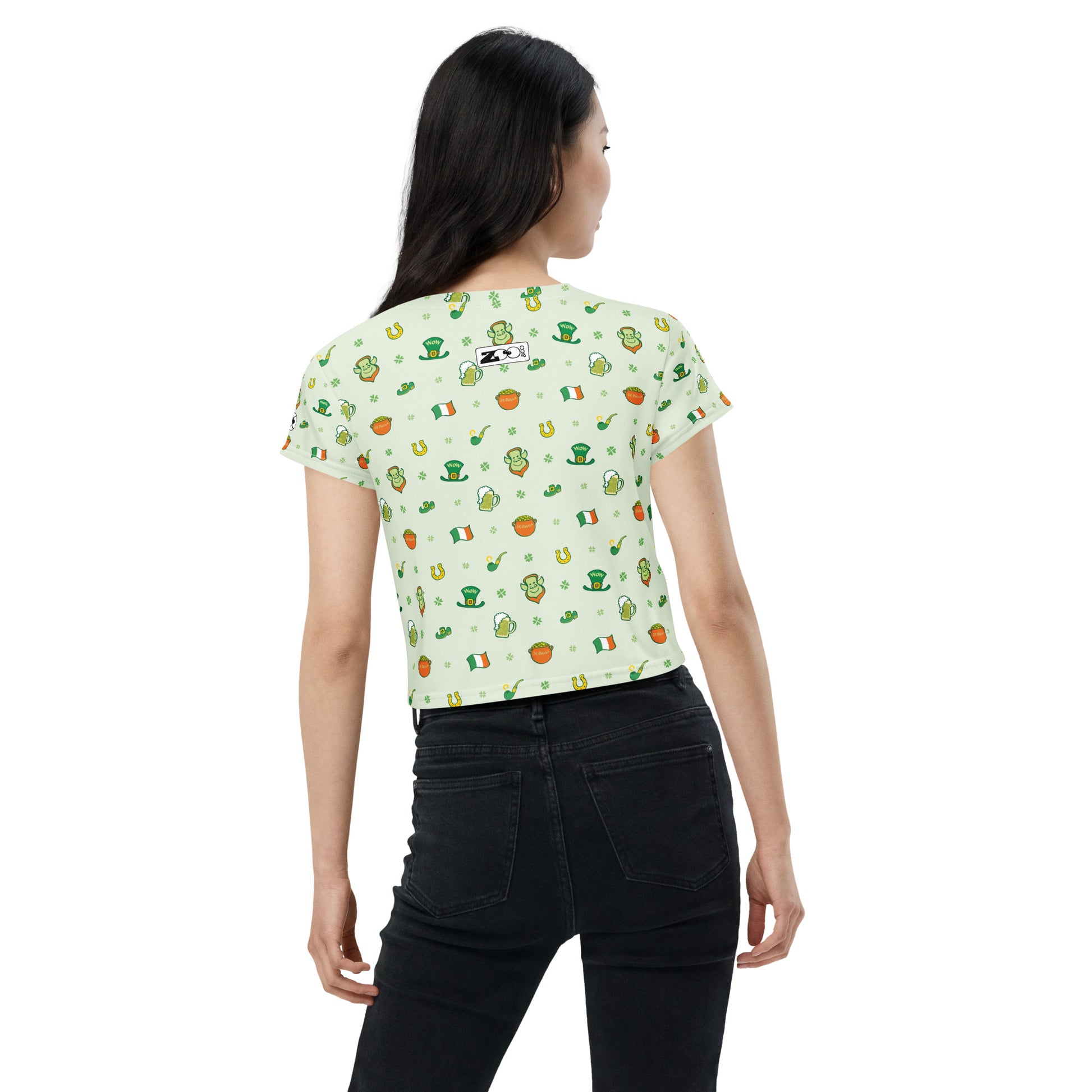 Celebrate Saint Patrick's Day in style All-Over Print Crop Tee. Back view