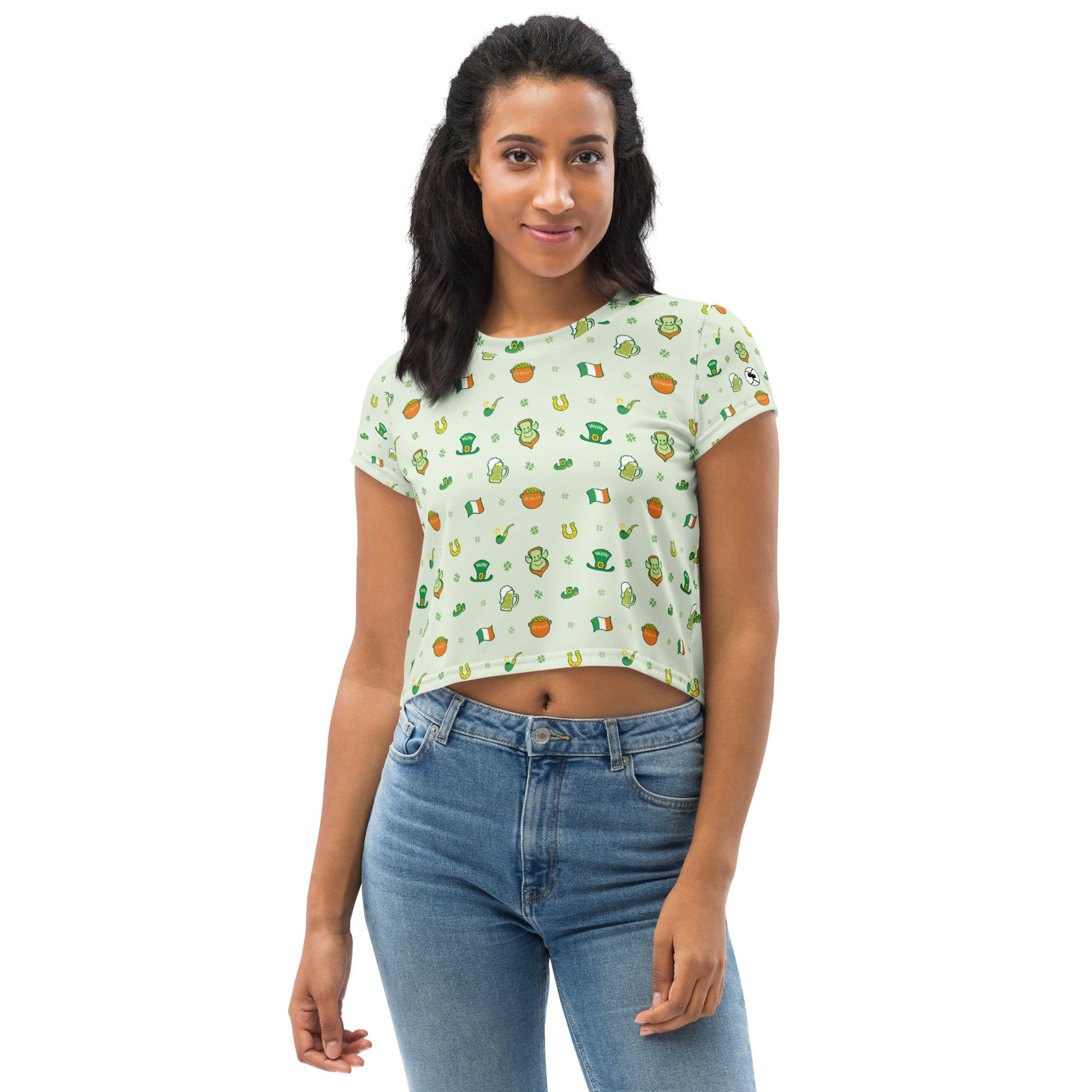 Celebrate Saint Patrick's Day in style All-Over Print Crop Tee. Front view