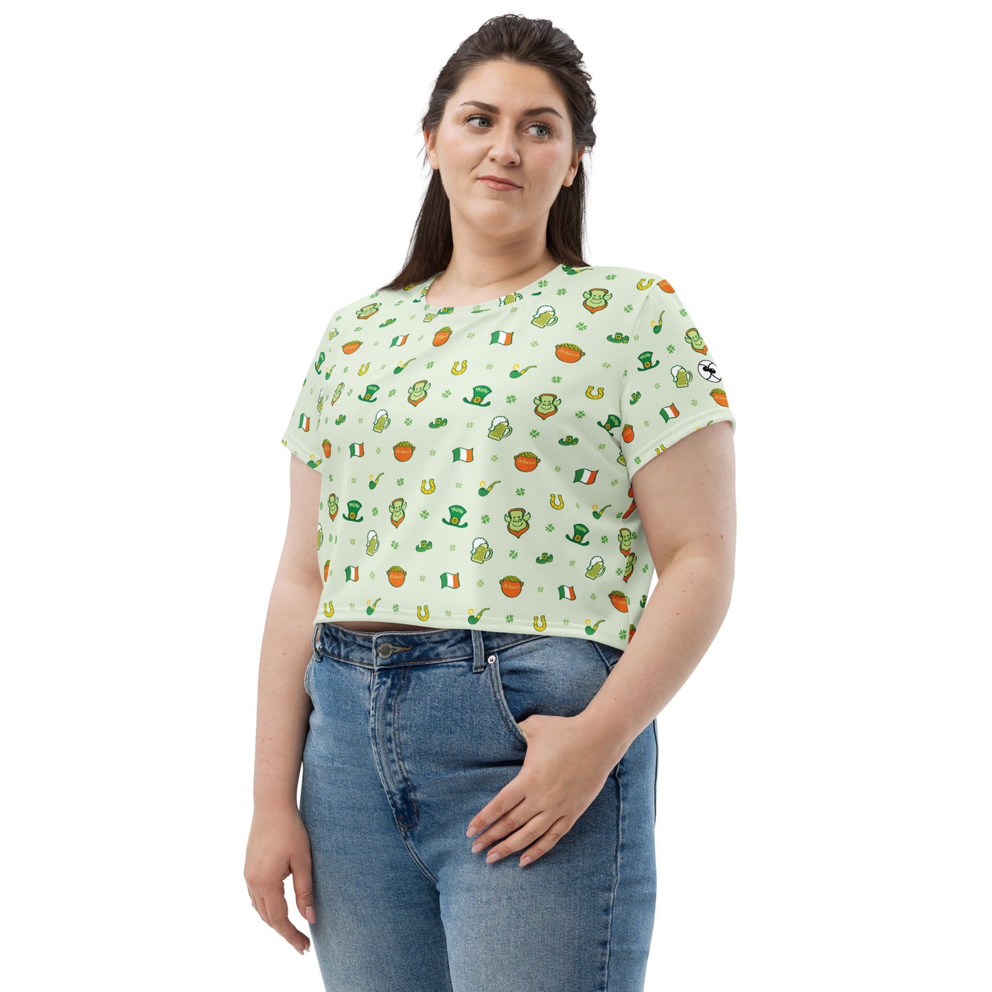 Celebrate Saint Patrick's Day in style All-Over Print Crop Tee. Left front view
