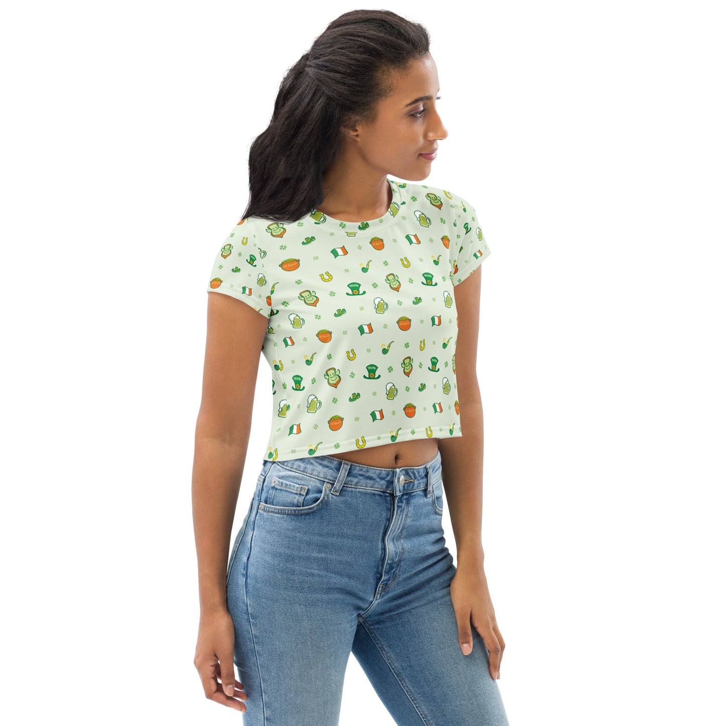 Celebrate Saint Patrick's Day in style All-Over Print Crop Tee. Right front view