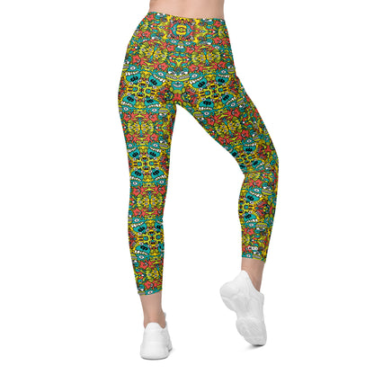 Doodle Dreamscape: Cosmic Critter Carnival - Crossover leggings with pockets. Back view