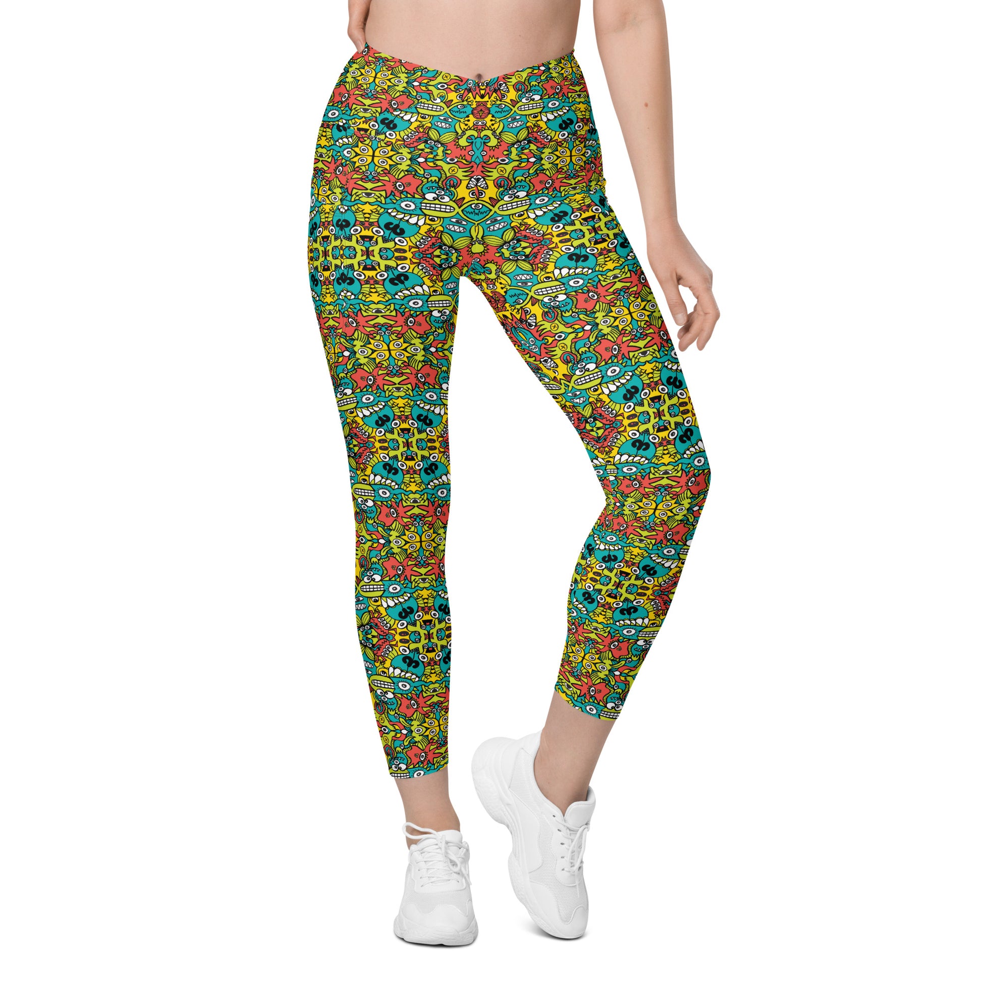 Doodle Dreamscape: Cosmic Critter Carnival - Crossover leggings with pockets. Front view