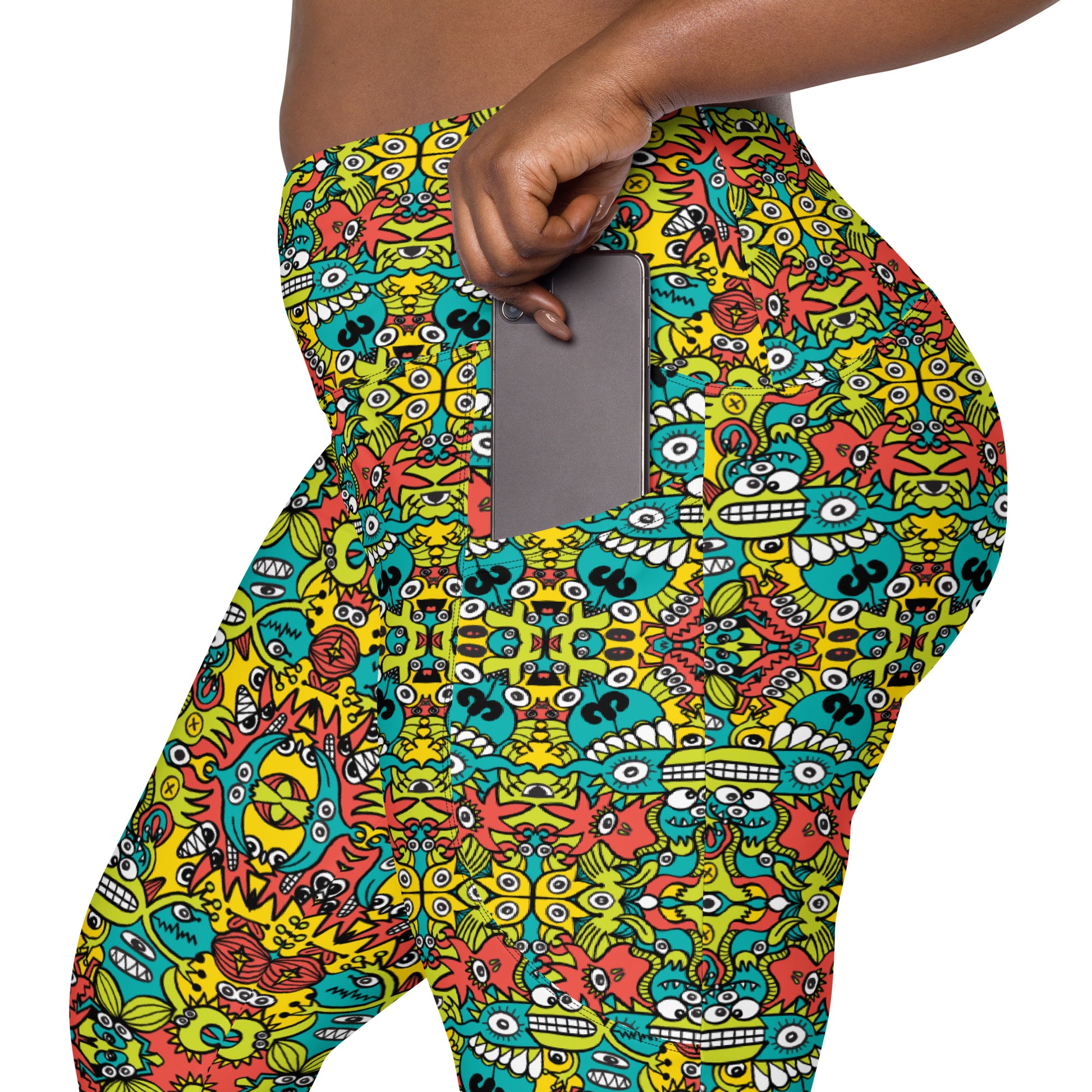 Doodle Dreamscape: Cosmic Critter Carnival - Crossover leggings with pockets. Lifestyle