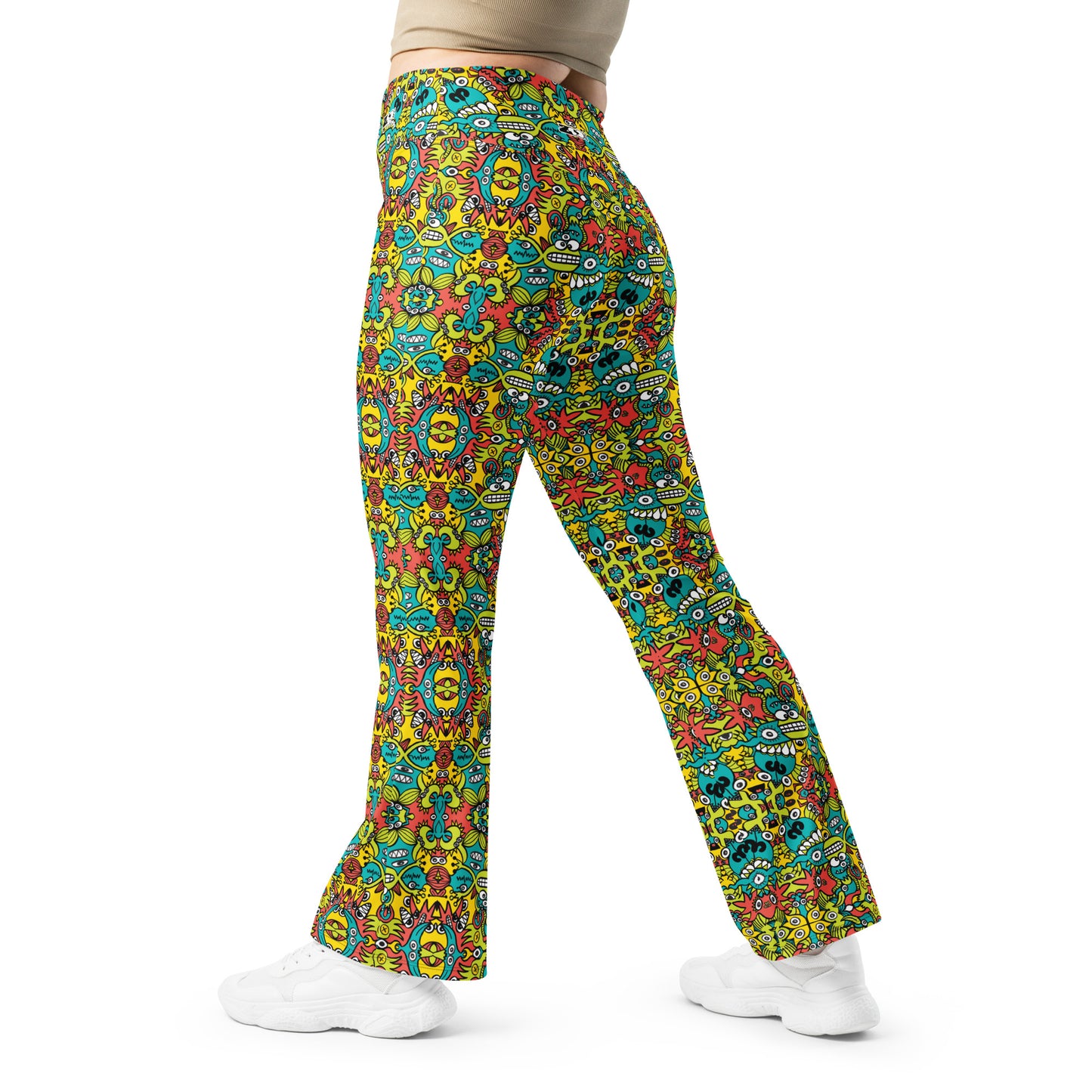 Doodle Dreamscape Flare leggings - Cosmic Critter Carnival. Back view