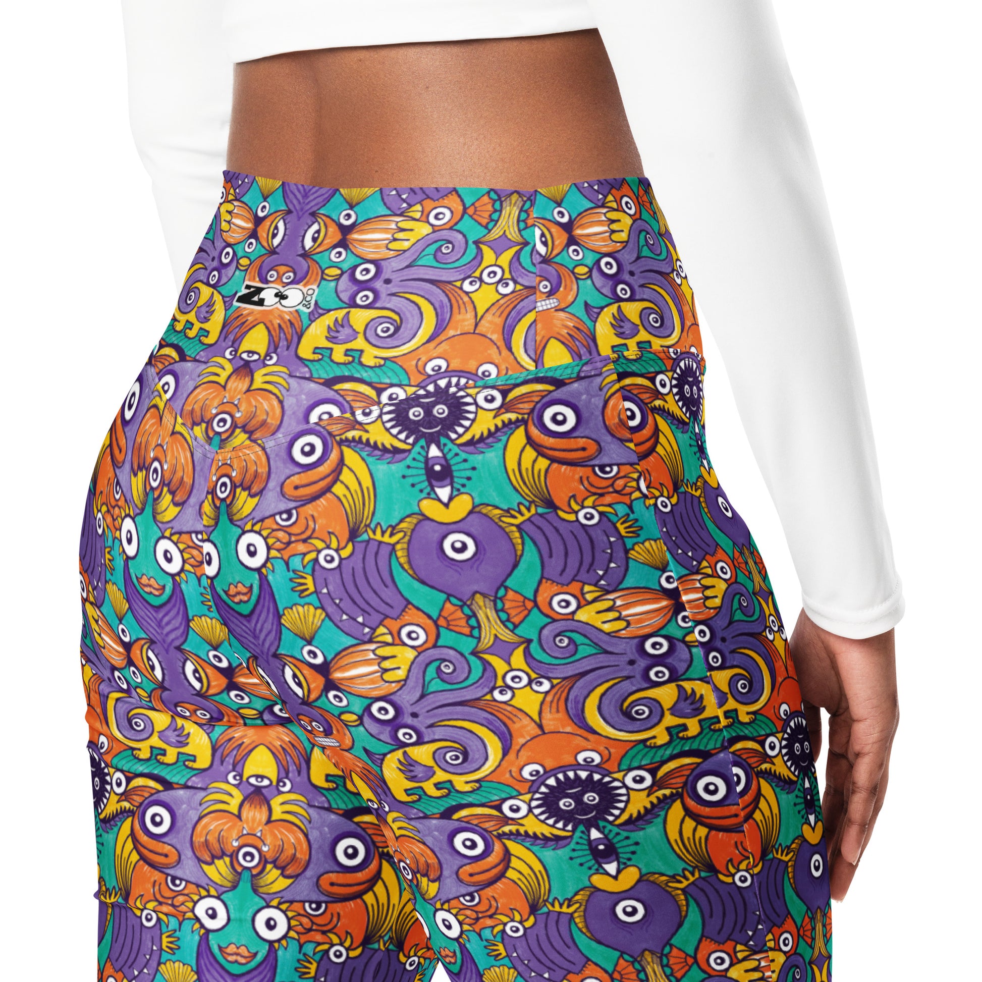 Undersea Odyssey Flare Leggings: Dive into Whimsical Waters. Right back view