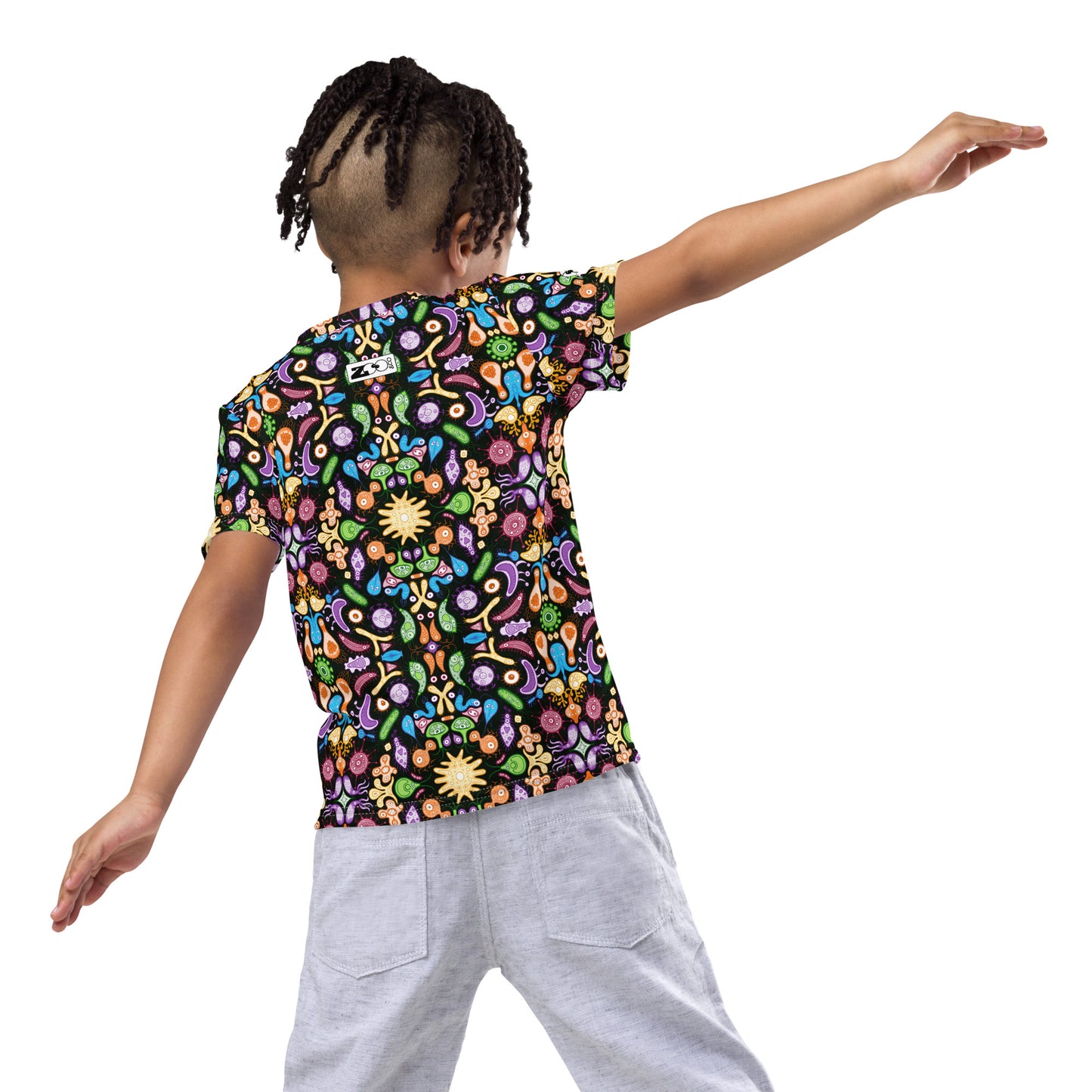 Don't be afraid of microorganisms Kids crew neck t-shirt. Back view