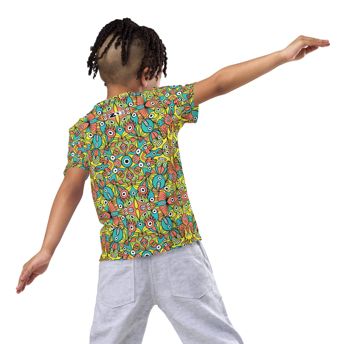 Alien monsters pattern design Kids crew neck t-shirt. Back view. Lifestyle