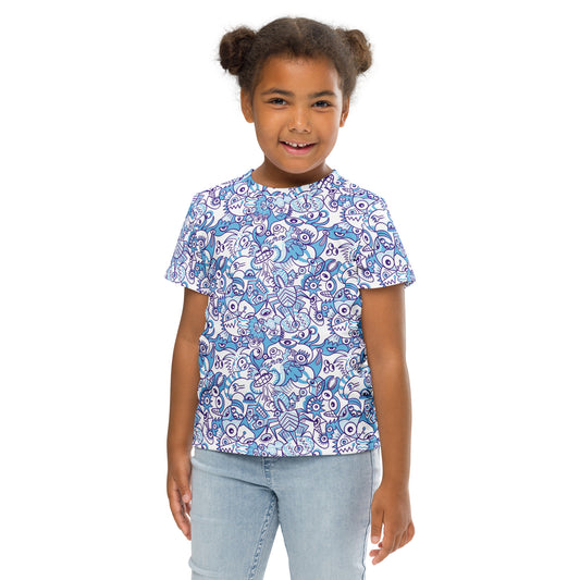Whimsical Blue Doodle Critterscape pattern design - Kids crew neck t-shirt. Front view