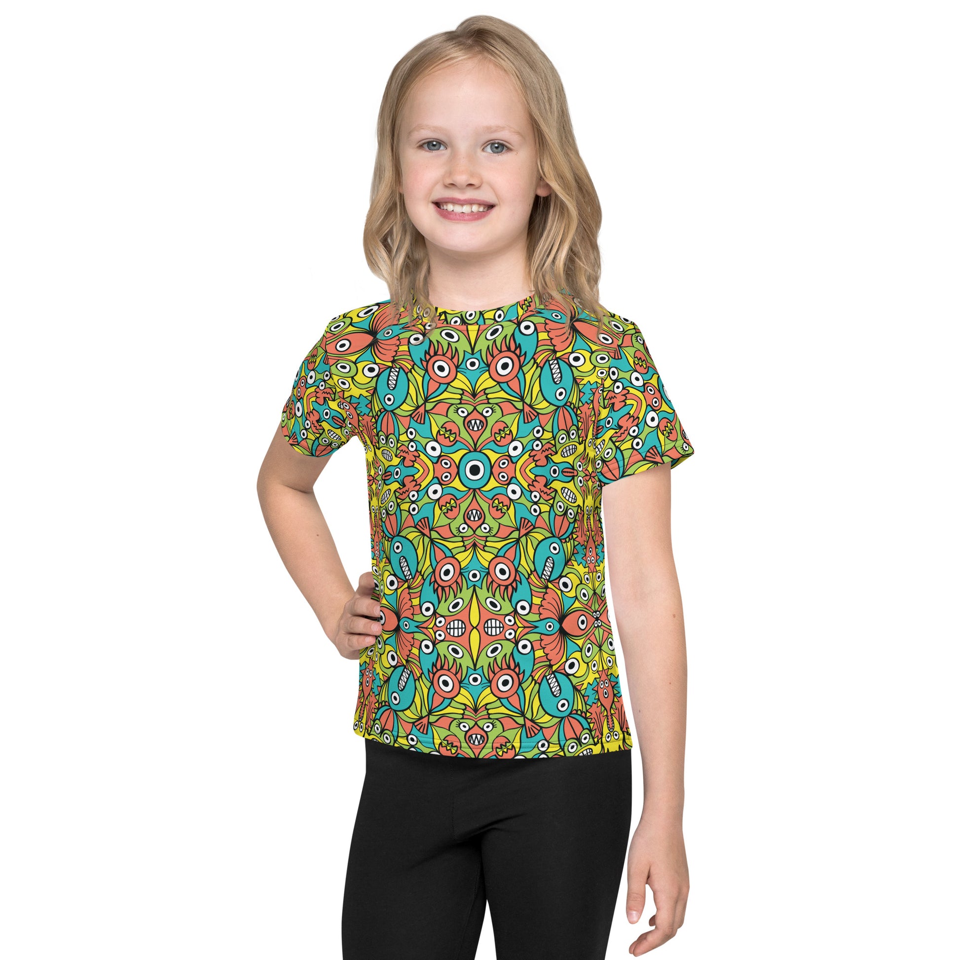 Alien monsters pattern design Kids crew neck t-shirt. Front view. Lifestyle