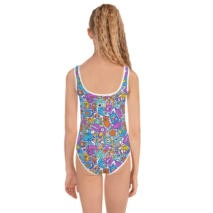 Funny multicolor doodle world All-Over Print Kids Swimsuit. Back view