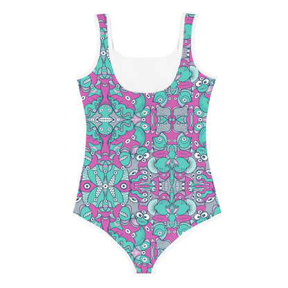 Sea creatures from an alien world All-Over Print Kids Swimsuit. Back view