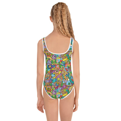 Cheerful crowd enjoying a lively carnival All-Over Print Kids Swimsuit. Back view