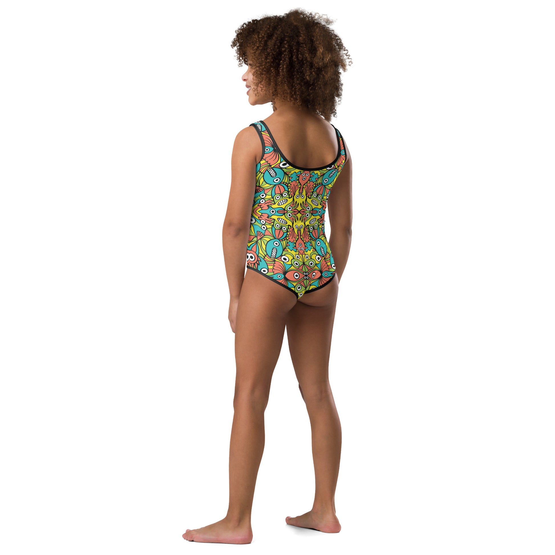 Alien monsters pattern design All-Over Print Kids Swimsuit. Back view