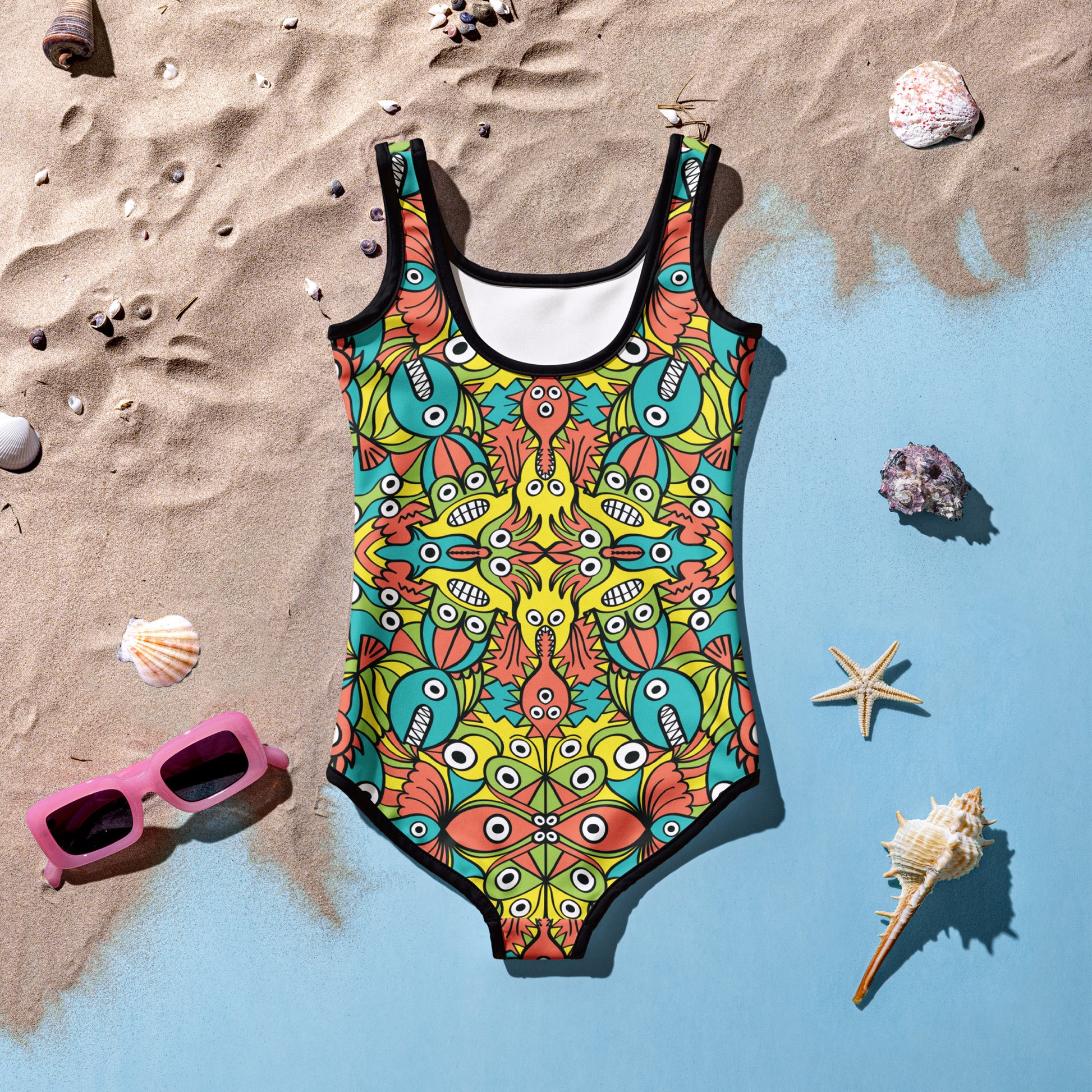 Alien monsters pattern design All-Over Print Kids Swimsuit. Flat lifestyle