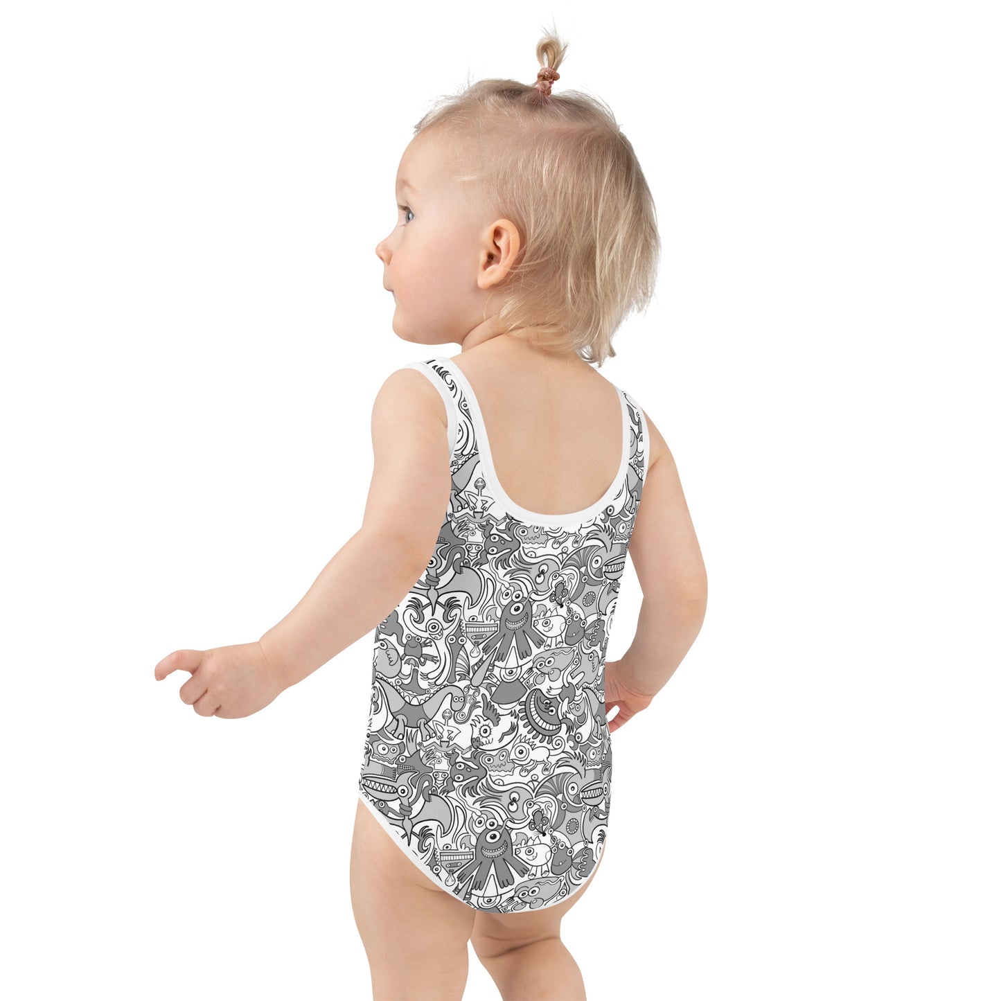 Awesome Doodle creatures in a variety of tones of gray All-Over Print Kids Swimsuit. Back view. Baby size