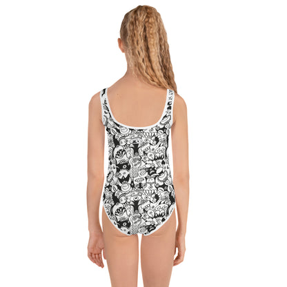 Black and white cool doodles art All-Over Print Kids Swimsuit. Back view