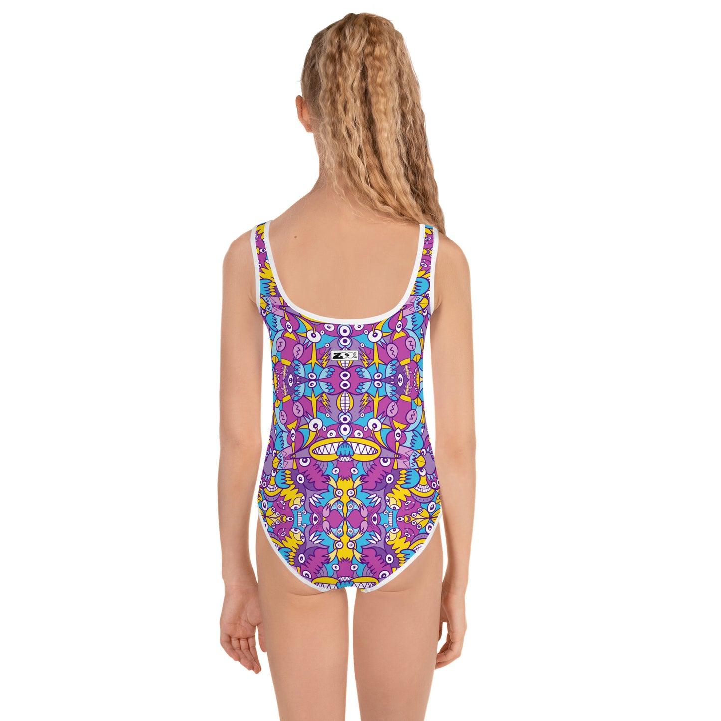 Doodle art compulsion is out of control All-Over Print Kids Swimsuit. Back view