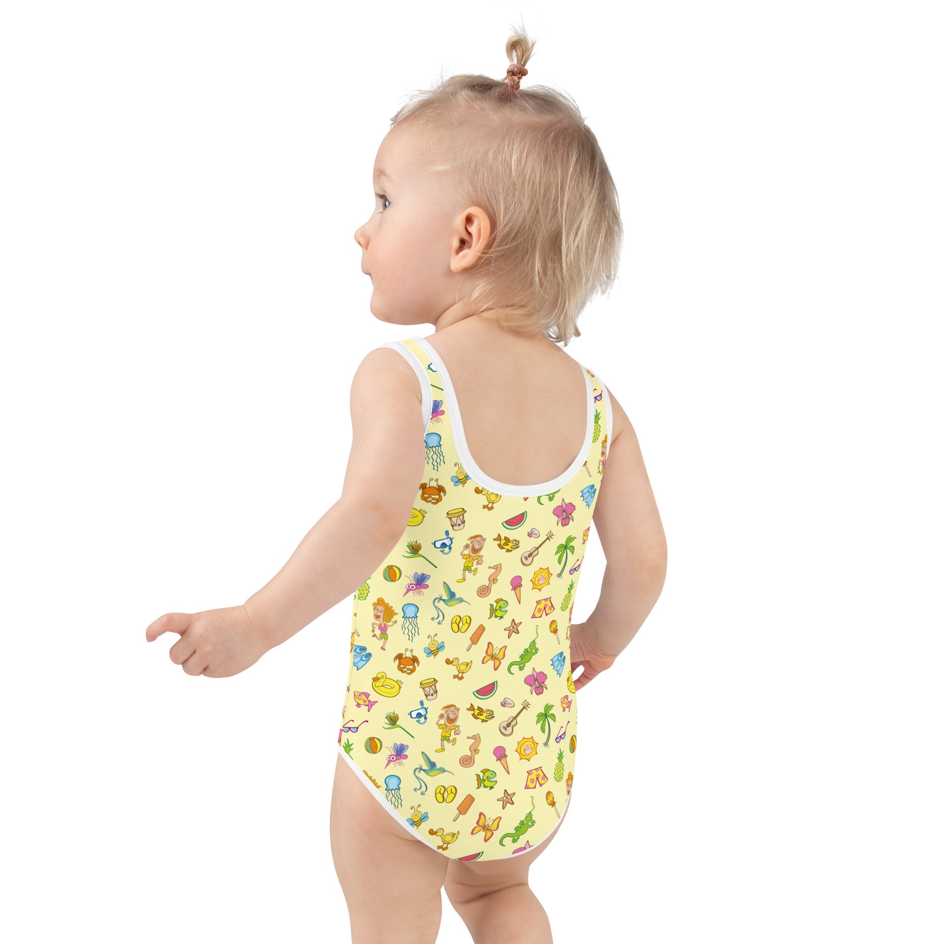 Enjoy happy summer pattern design All-Over Print Kids Swimsuit. Back view. Baby size