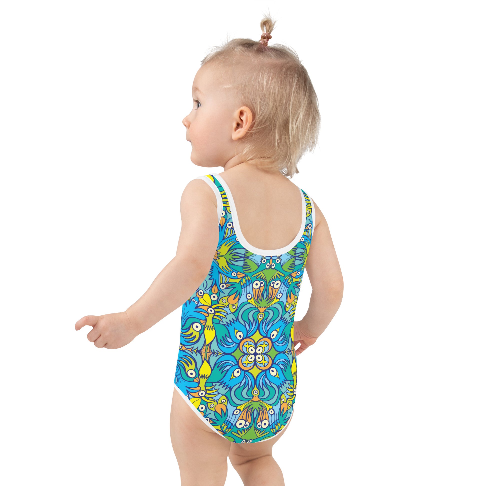 Exotic birds tropical pattern All-Over Print Kids Swimsuit. Back view. Baby size