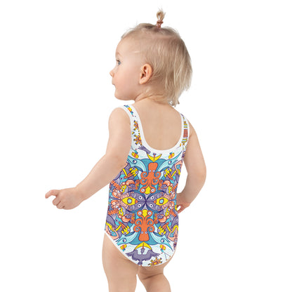 Ready for adventure this summer? All-Over Print Kids Swimsuit. Back view. Baby size