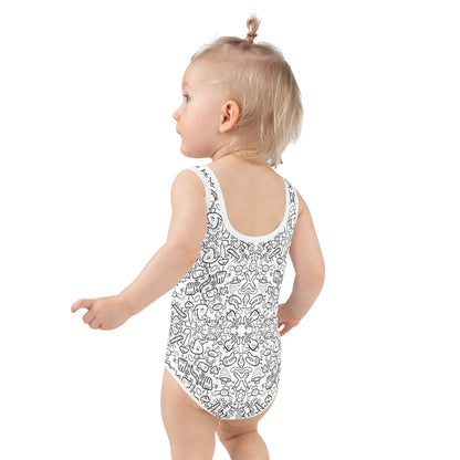 Simple doodles having great fun in a cool pattern design All-Over Print Kids Swimsuit. Back view. Baby size