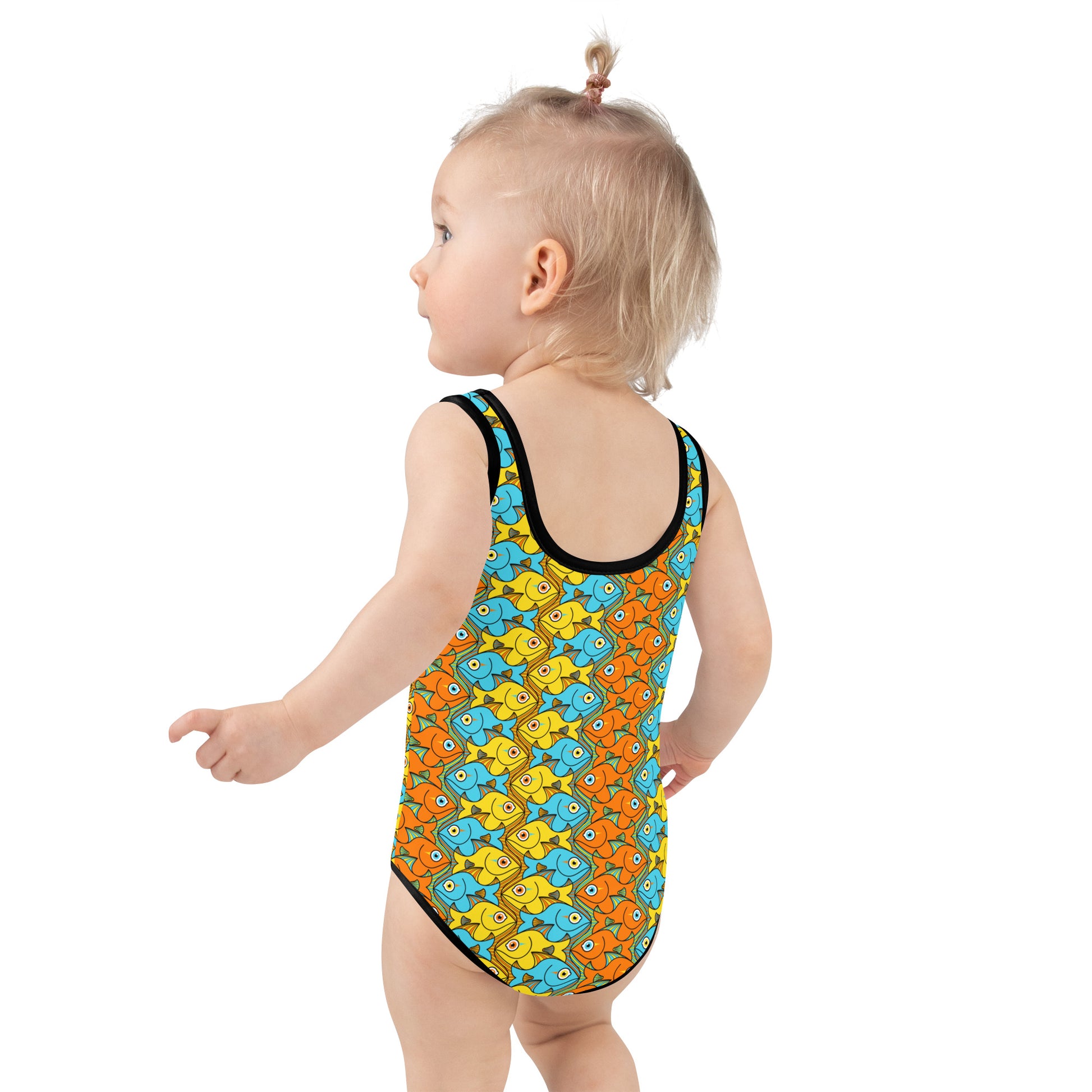 Smiling colorful fishes pattern All-Over Print Kids Swimsuit. Back view. Baby size