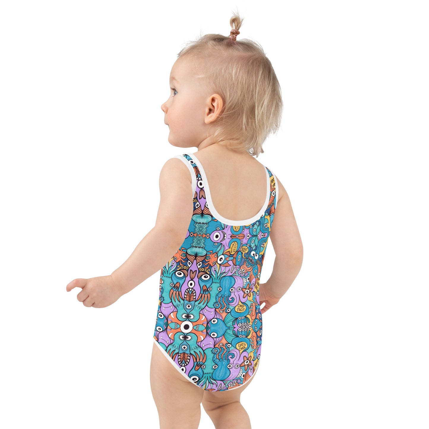 Wake up, time to take care of our sea All-Over Print Kids Swimsuit. Back view. Baby size