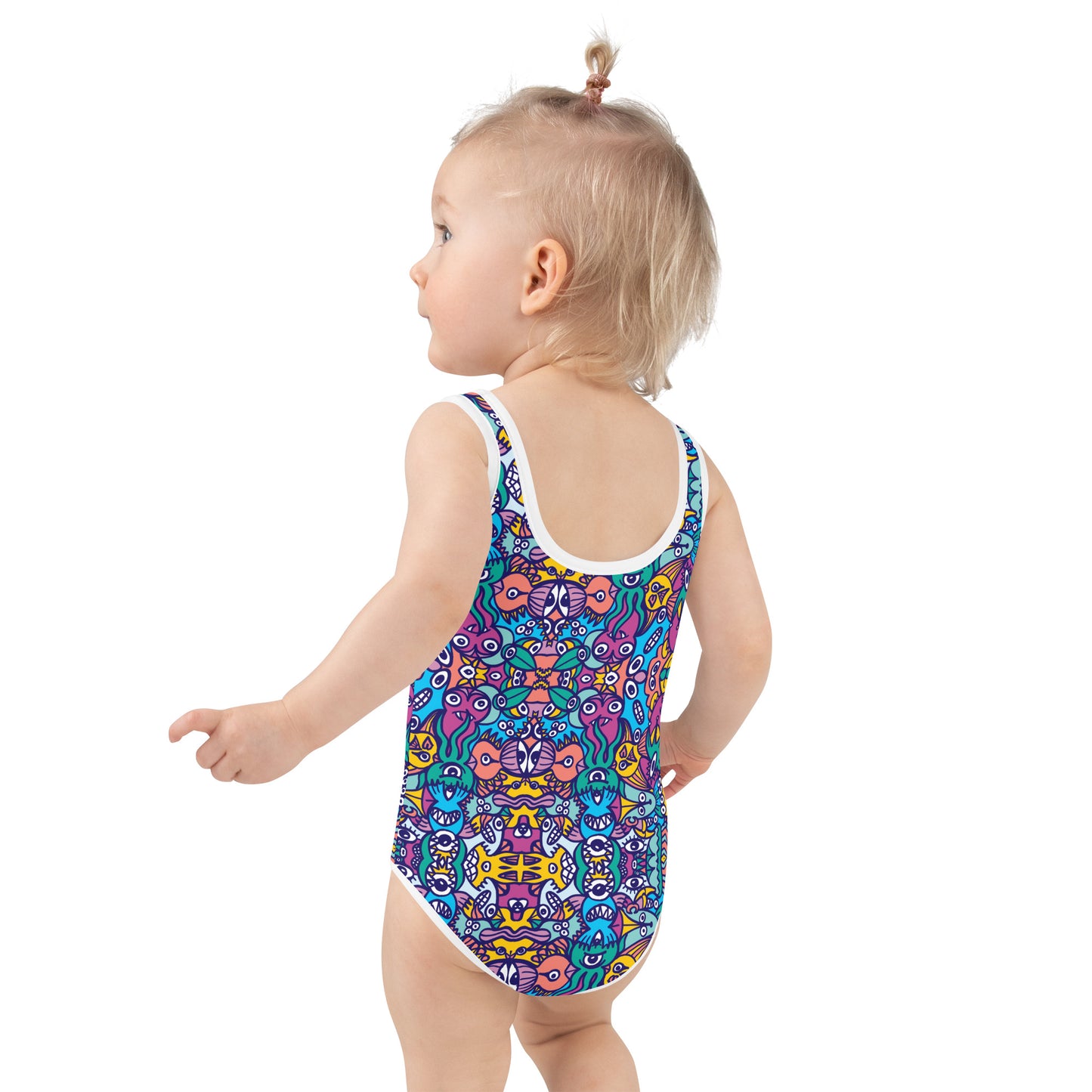 Whimsical design featuring multicolor critters from another world All-Over Print Kids Swimsuit. Back view. Baby size