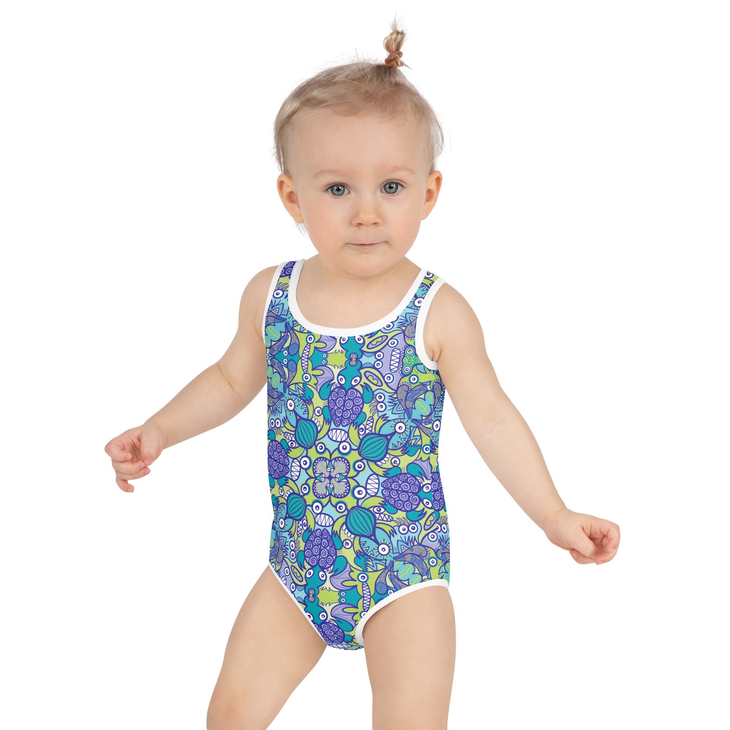Once upon a time in an ocean full of life All-Over Print Kids Swimsuit. Front view